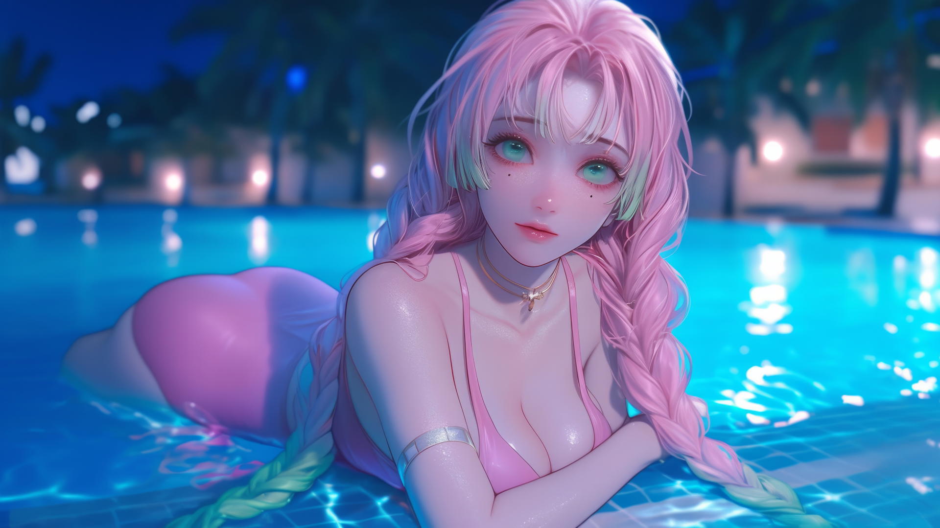 Mitsuri Kanroji from Demon Slayer resting by a rainy swimming pool under moonlight.