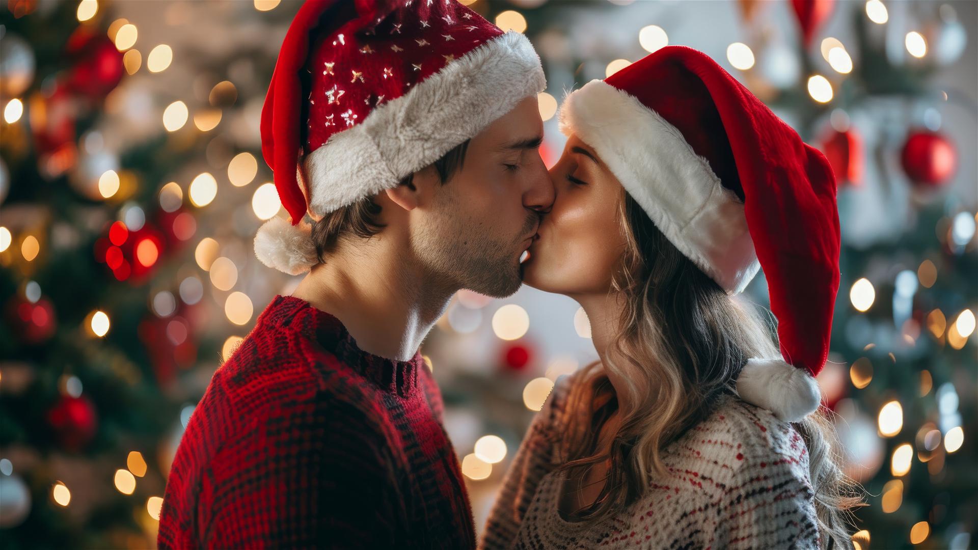 Two lovers kissing in Christmas outfits