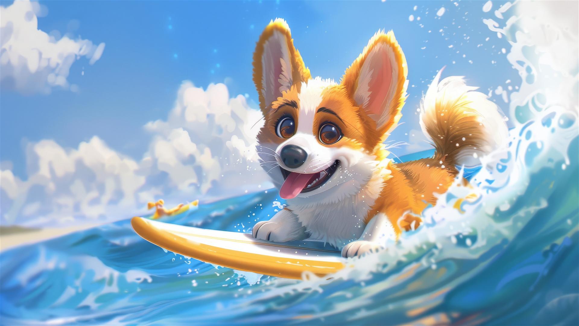 Animated corgi puppy surfing with a happy face, cartoon style, hyper realistic, big eyes