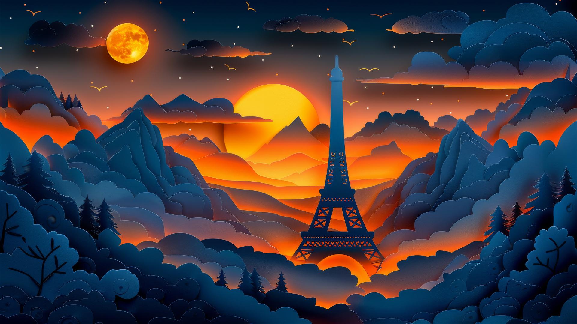 Paper cut craft illustration of Eiffel Tower