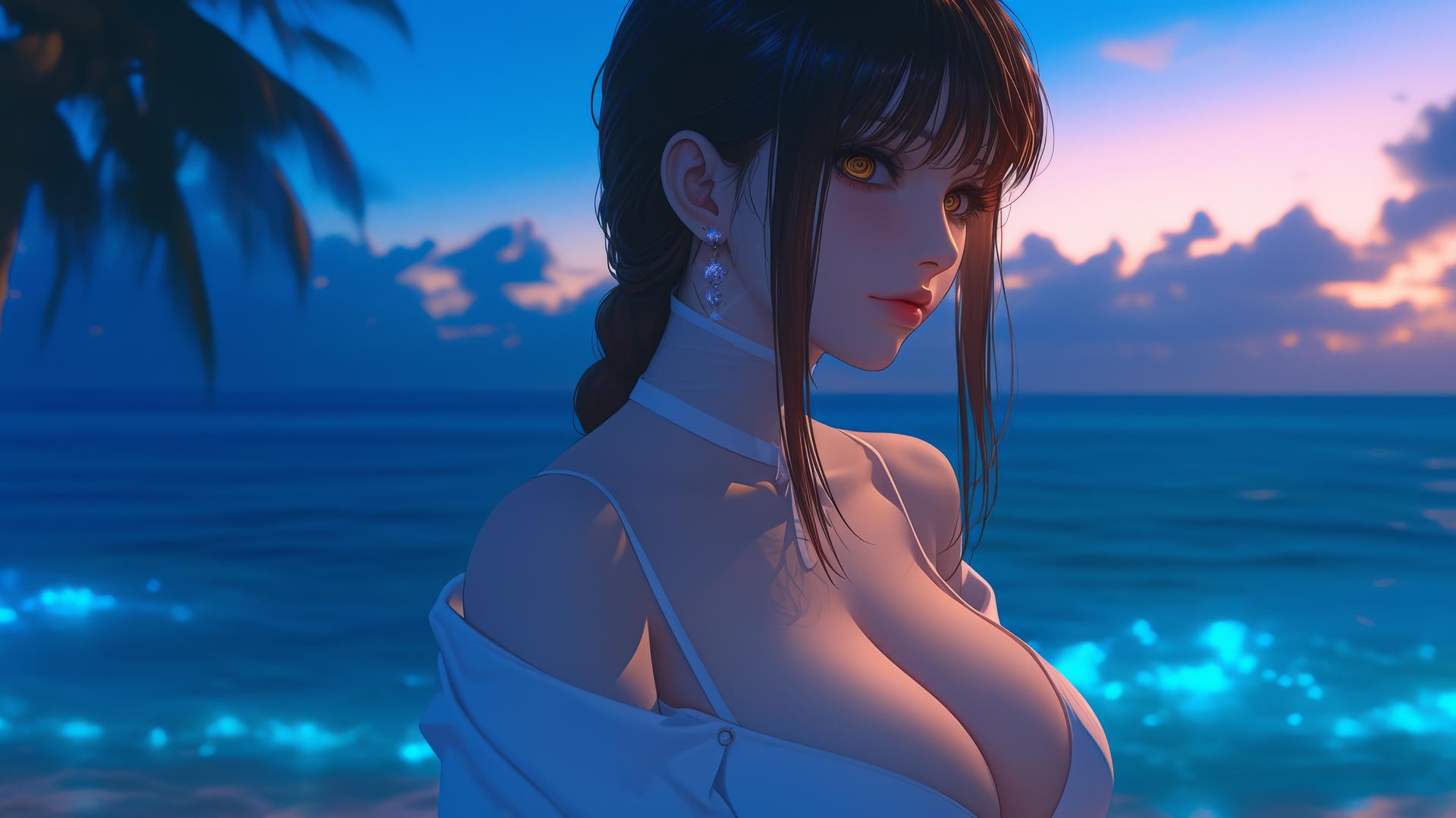 Makima from Chainsaw Man resting at sea during a romantic neon pink sunset.