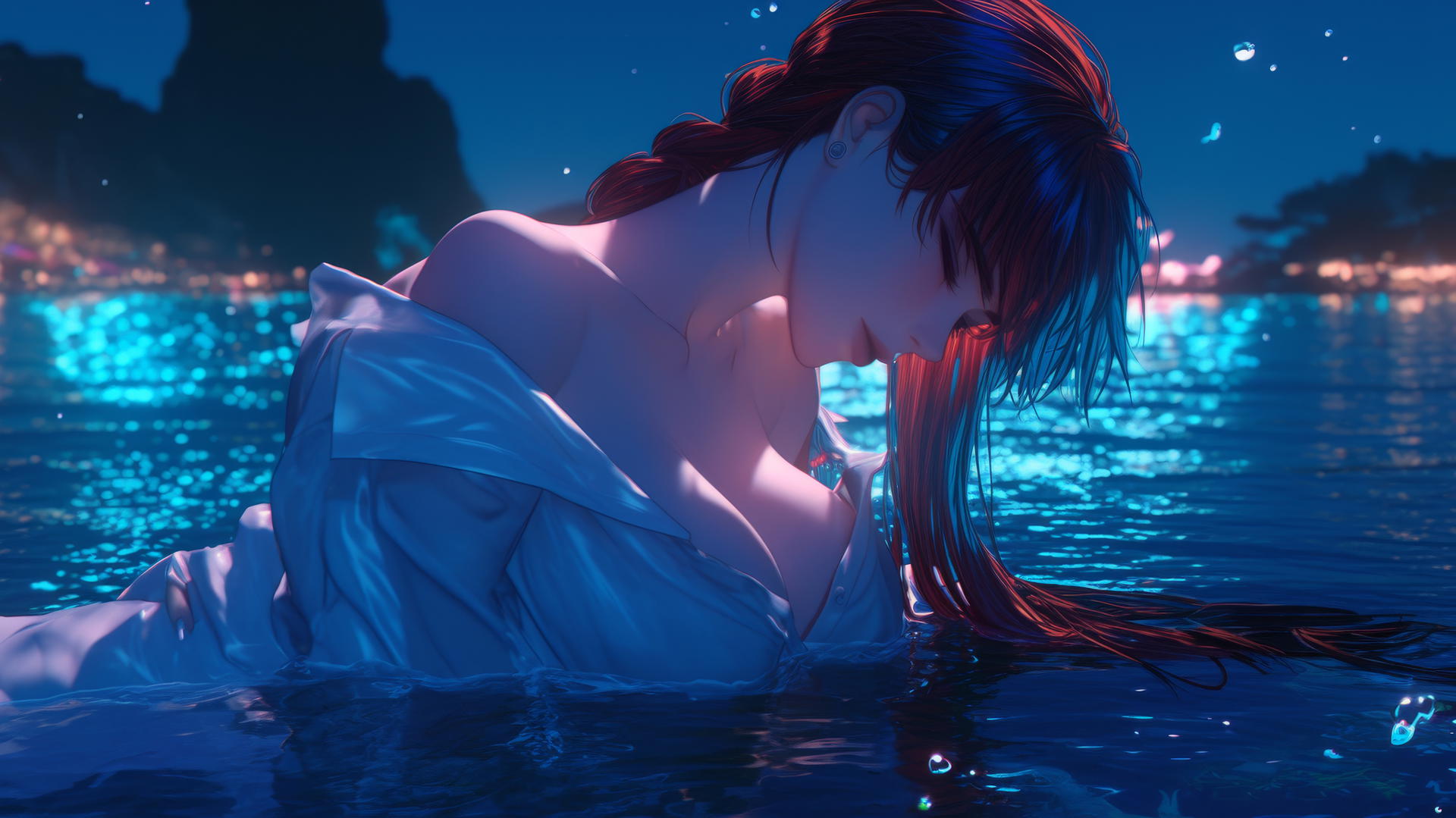 Makima from Chainsaw Man resting at sea during a neon pink sunset