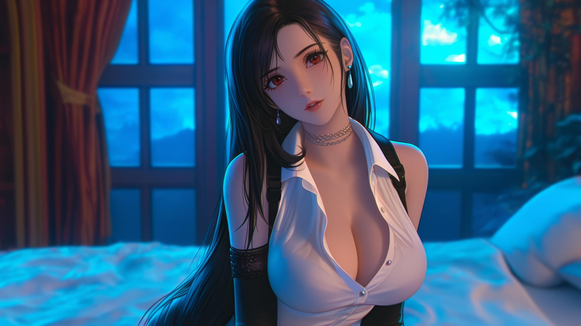 Tifa Lockhart kneeling in a modern hotel room under neon lights
