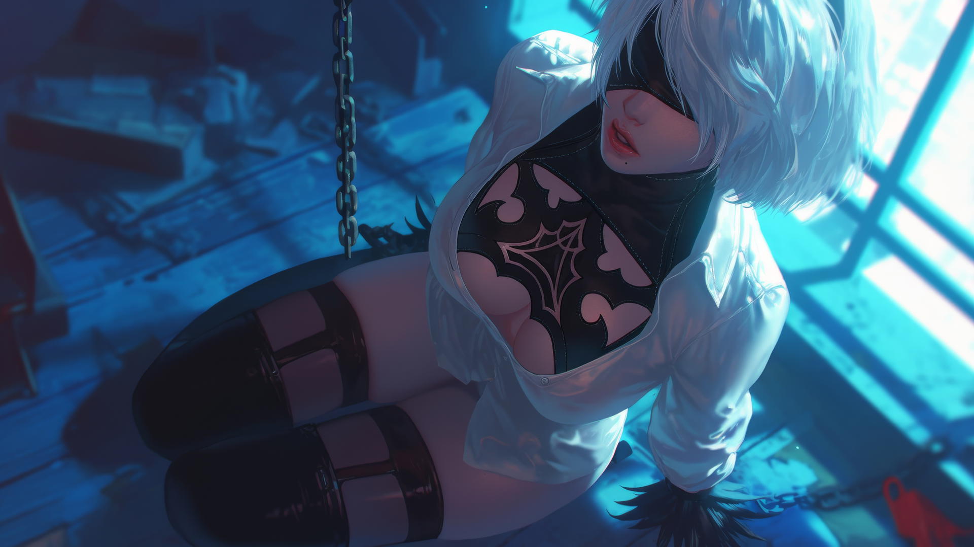 2B from Nier looks up, kneeling with a wide-open mouth, wearing a white office shirt and black blindfold, neon-lit modern hotel room.
