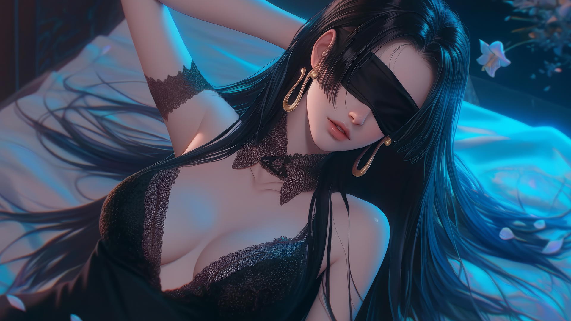 Boa Hancock from One Piece blindfolded, kneeling, facing upward, in neon-lit hotel room