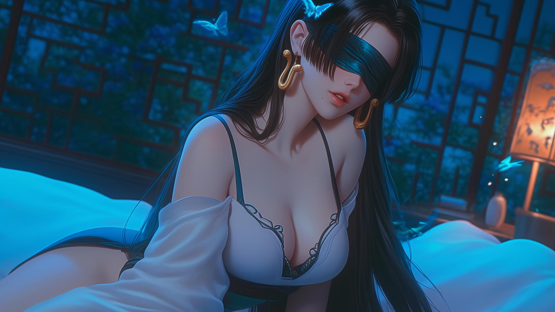 Boa Hancock blindfolded, kneeling, facing up in neon-lit hotel room