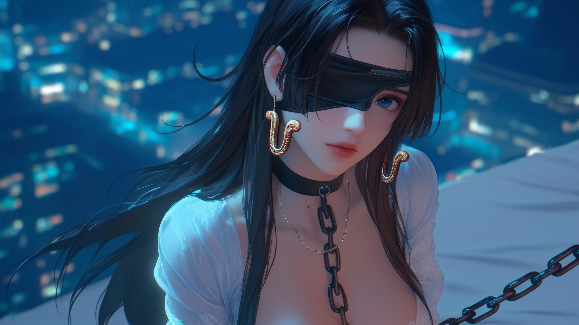 Boa Hancock kneeling with a blindfold in a neon-lit modern hotel room.