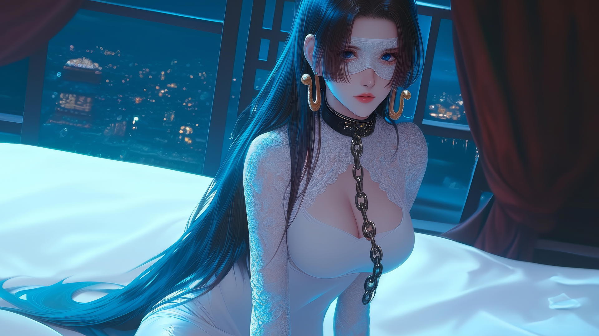 Boa Hancock blindfolded and kneeling in a modern hotel room with romantic neon lighting.