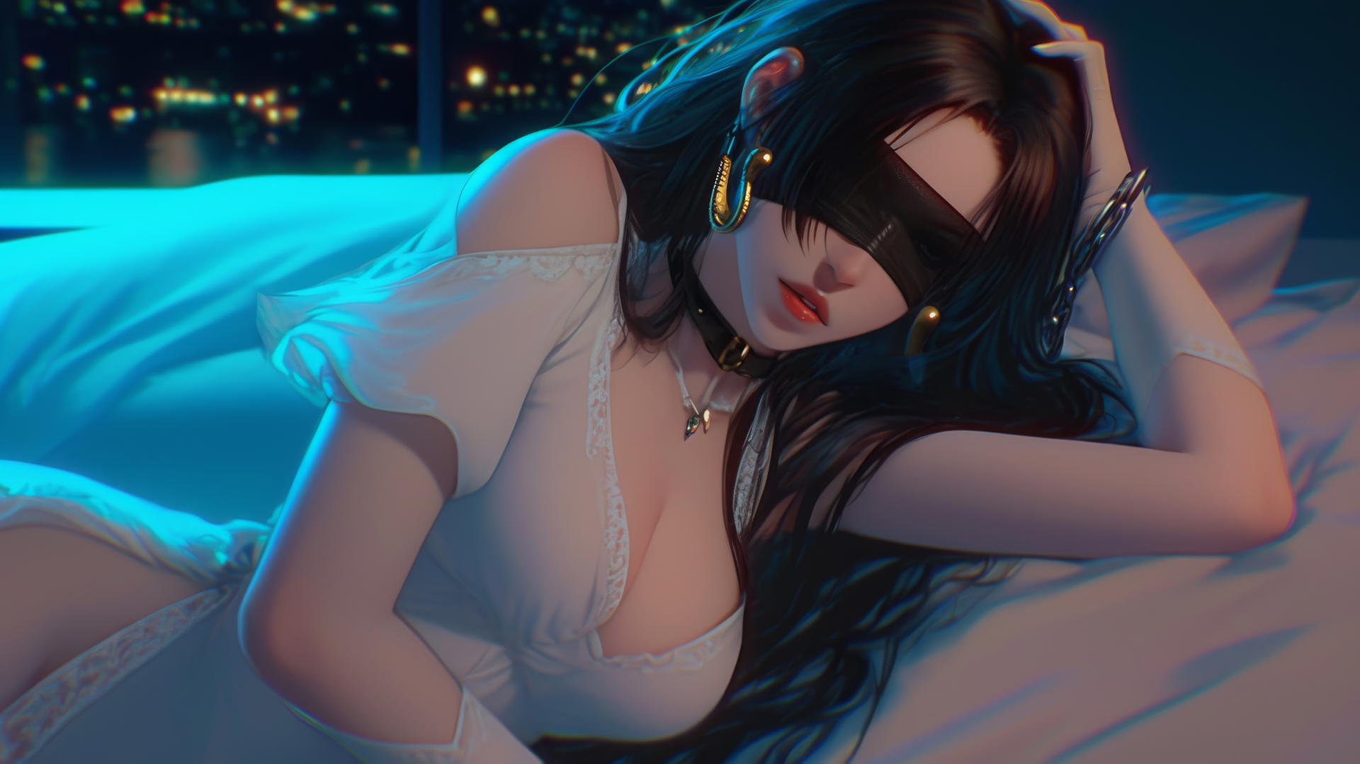 Boa Hancock from One Piece kneeling in a modern hotel room, blindfolded, under soft neon light.