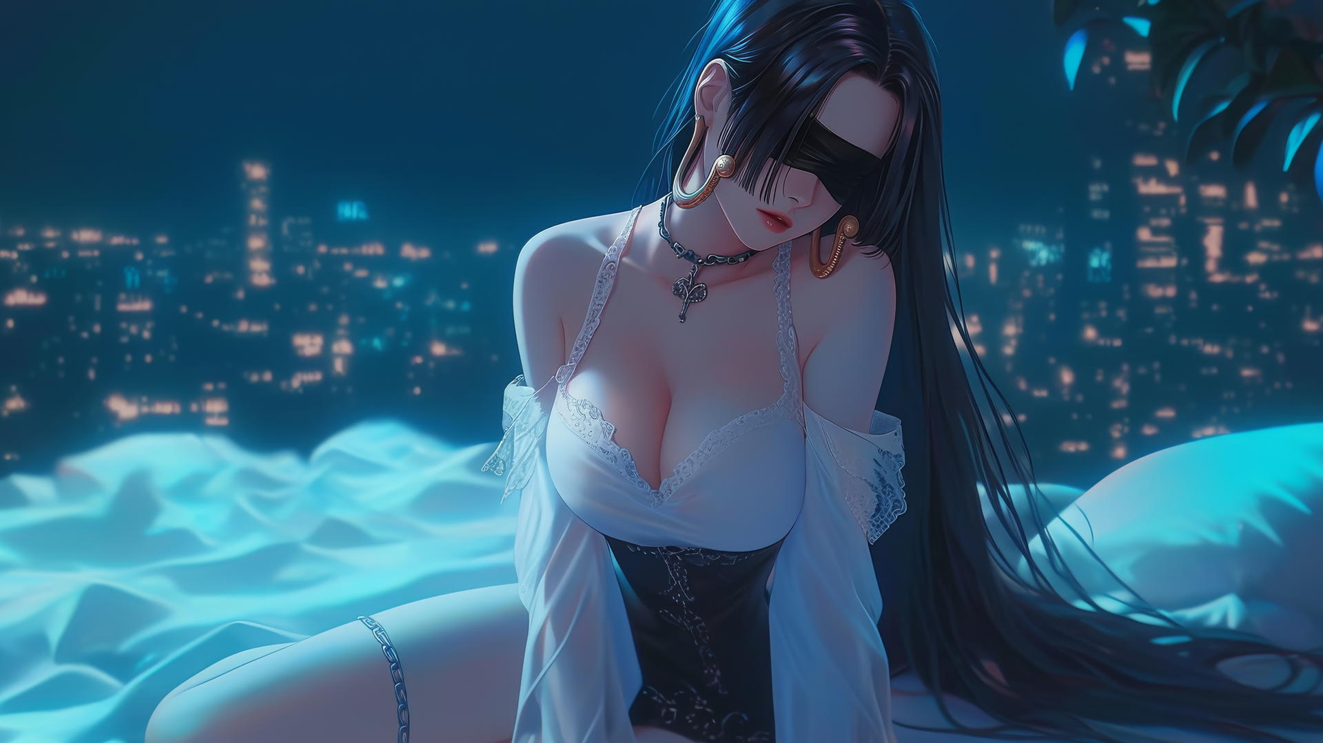 Boa Hancock kneeling in a modern hotel room, blindfolded, with neon light glow