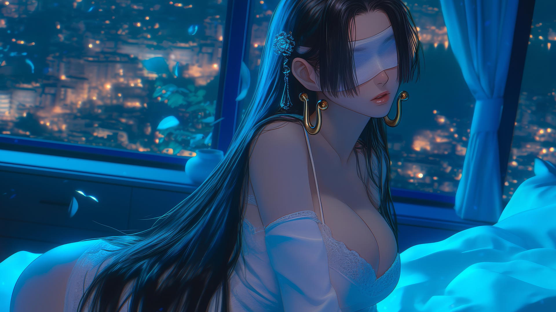 Boa Hancock kneeling in a cozy modern hotel, blindfolded, with soft neon light.