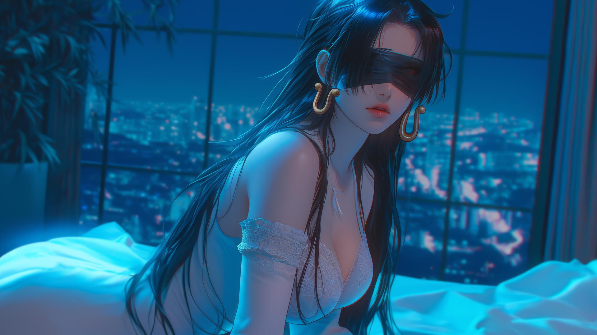 Boa Hancock from One Piece kneeling, blindfolded like 2B from Nier, in a neon-lit modern hotel room.