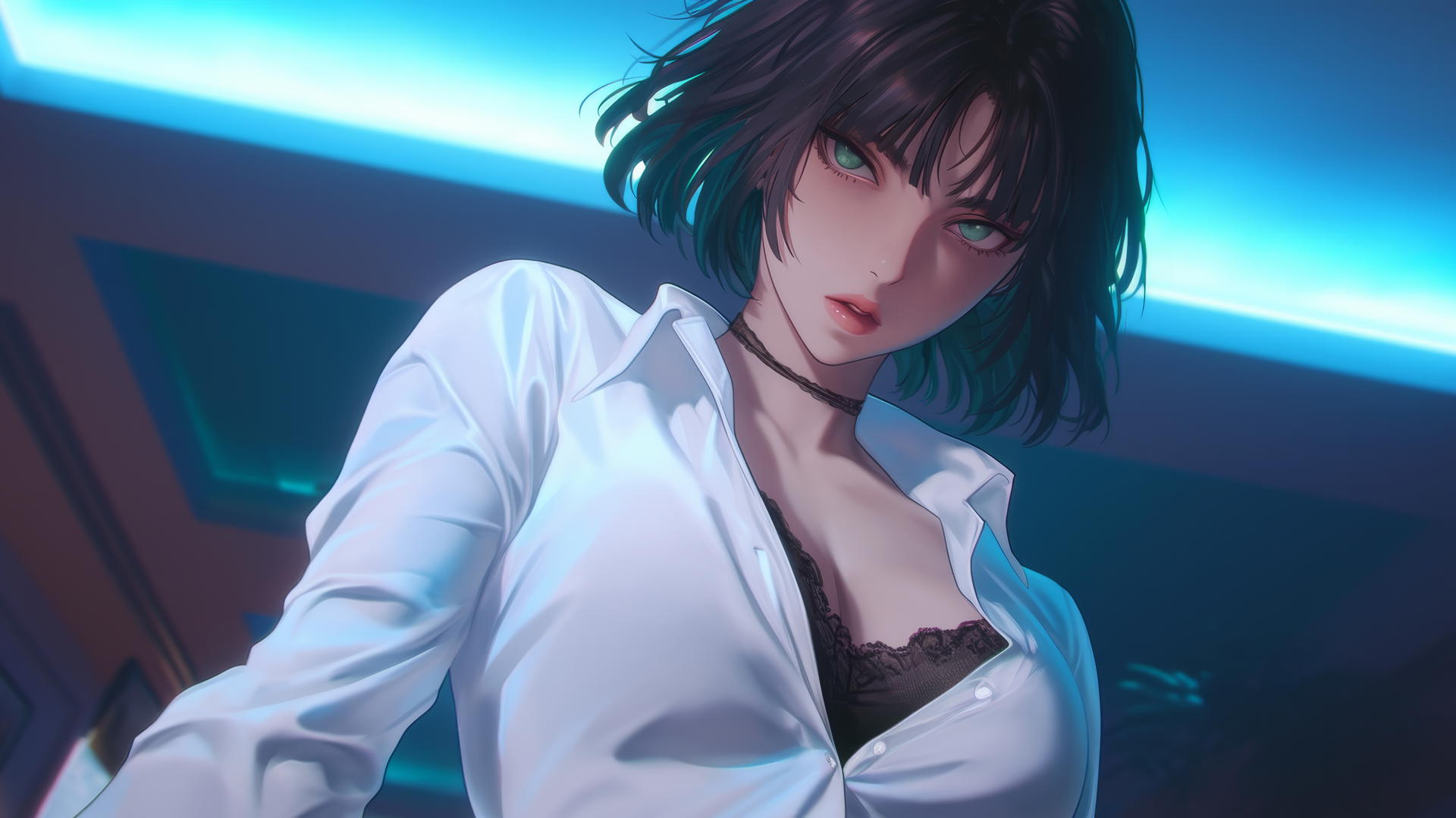 Fubuki from One Punch Man kneeling with a soft neon glow, looking down
