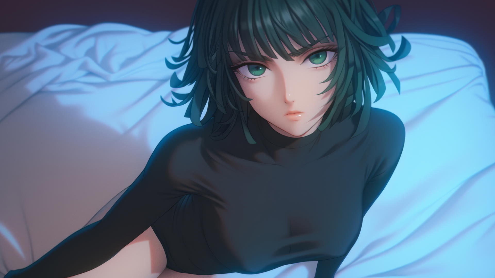 Fubuki from One Punch Man kneeling, looking up with dark green bob-style hair and light green eyes, neon hotel room glow.