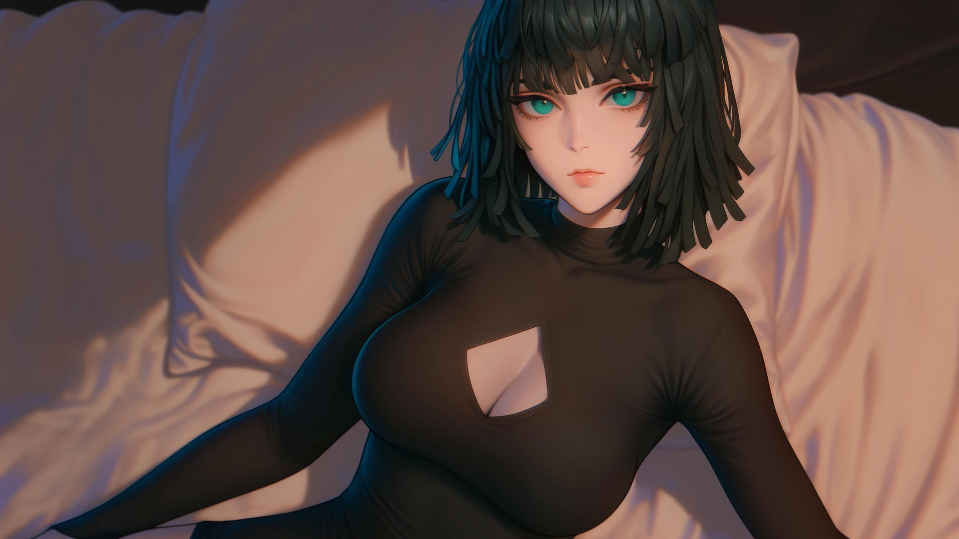 Fubuki from One Punch Man kneeling, looking up in neon-lit hotel room, dark green bob and light green eyes.
