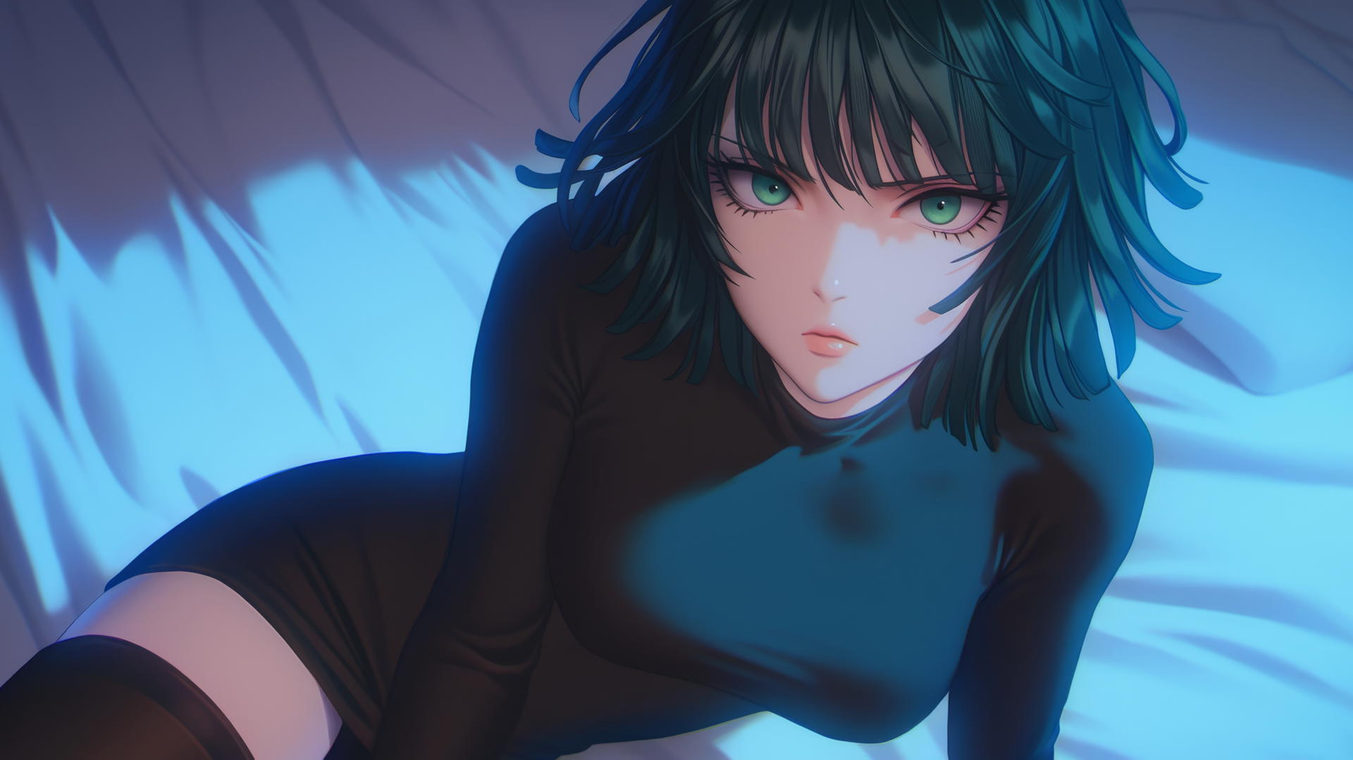 Fubuki from One Punch Man kneeling under neon light, dark green bob-cut hair, light green eyes.