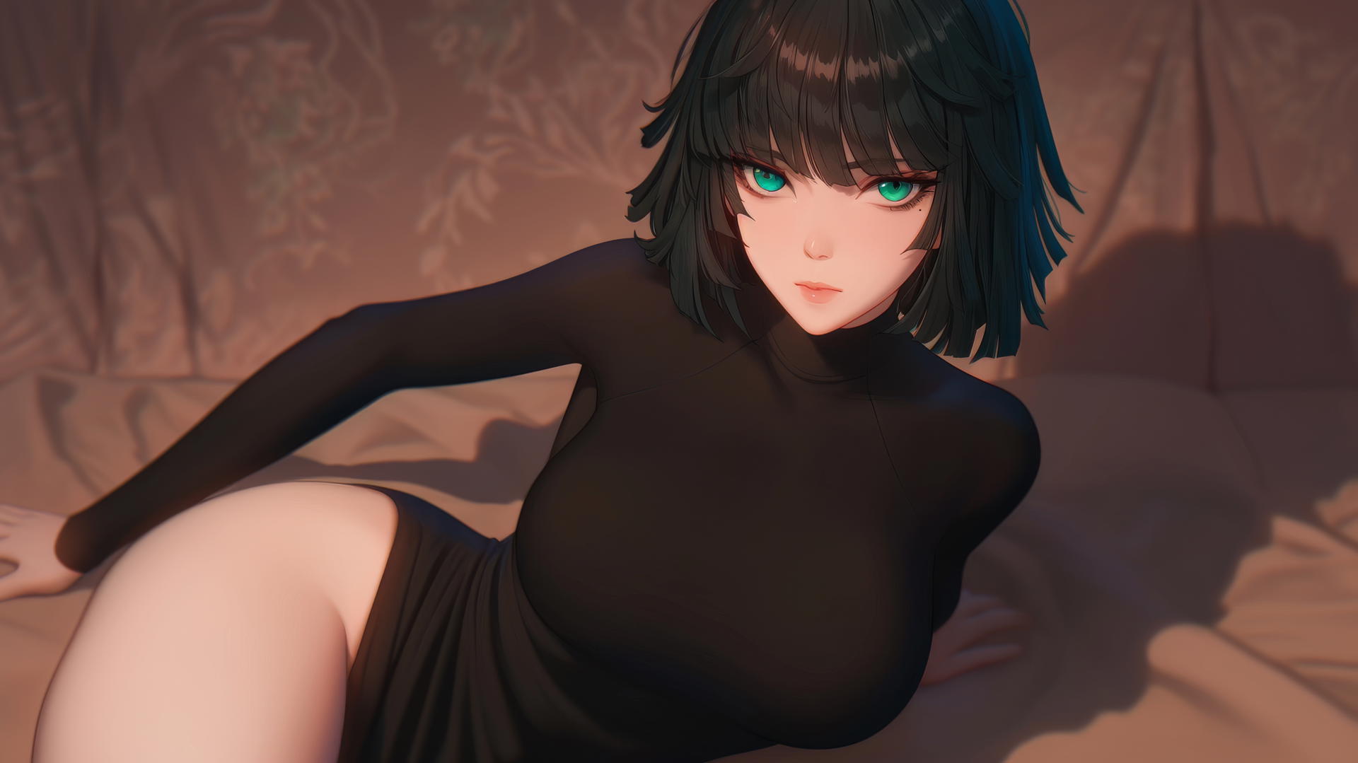 Fubuki from One Punch Man kneeling, with neon light glow in hotel room