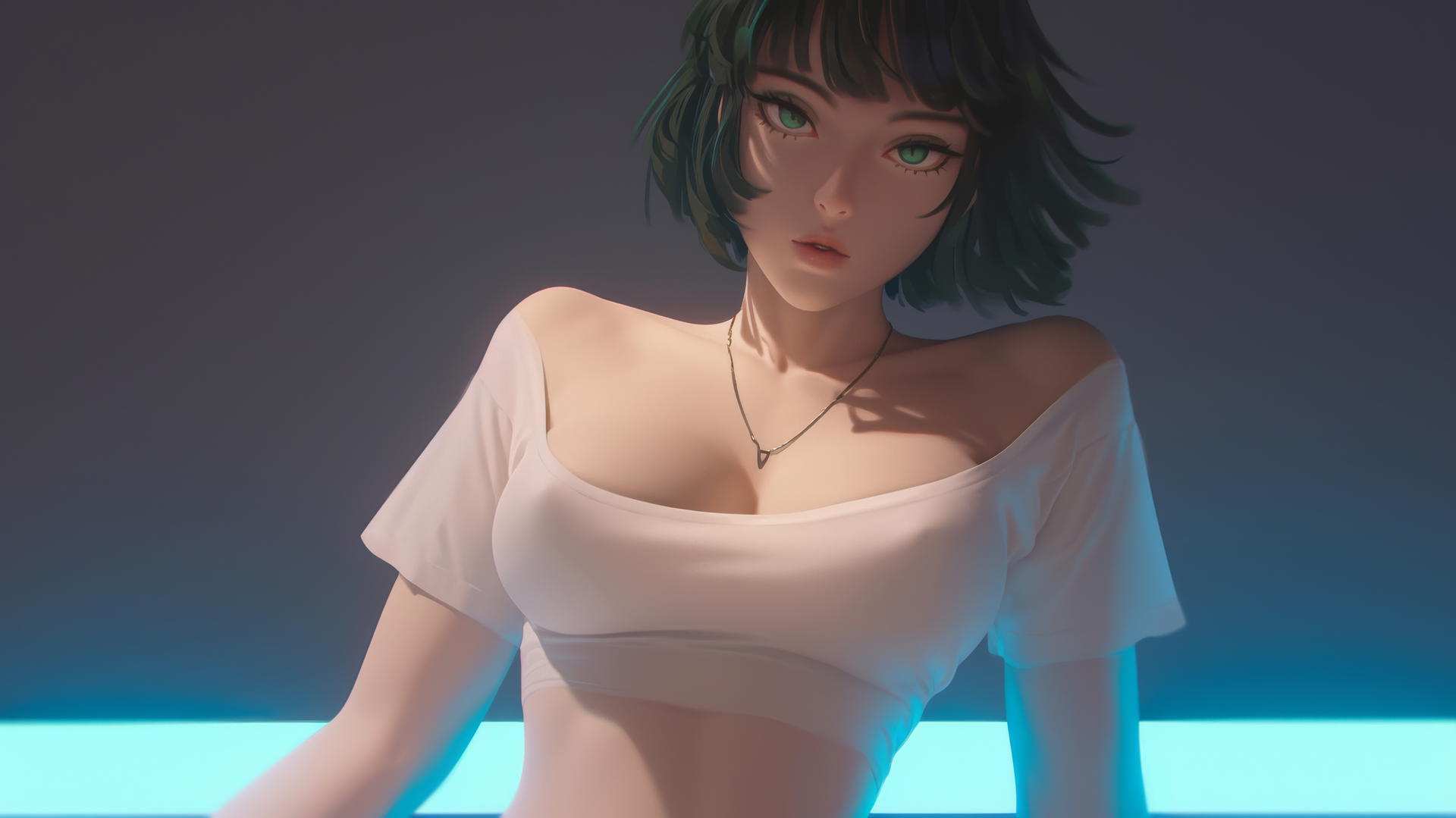 Fubuki kneeling and leaning forward, seen from below, in a hotel with neon ceiling lights.