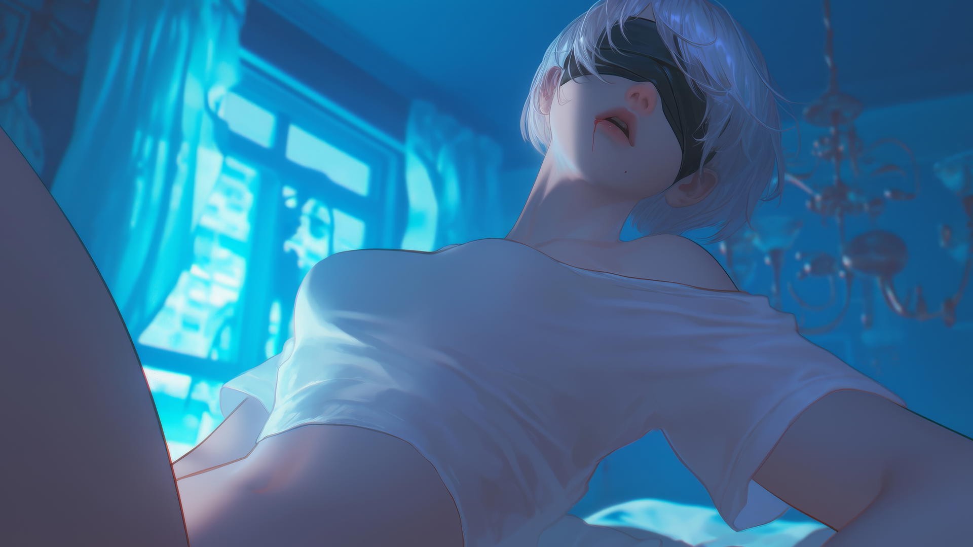 2B from Nier howling, leaning forward while kneeling with a torn white t-shirt and blindfold, under a neon-lit hotel ceiling.