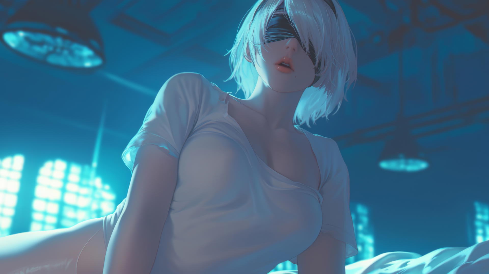 2B from Nier in a broken white t-shirt and blindfold, howling with a neon-lit hotel ceiling background.