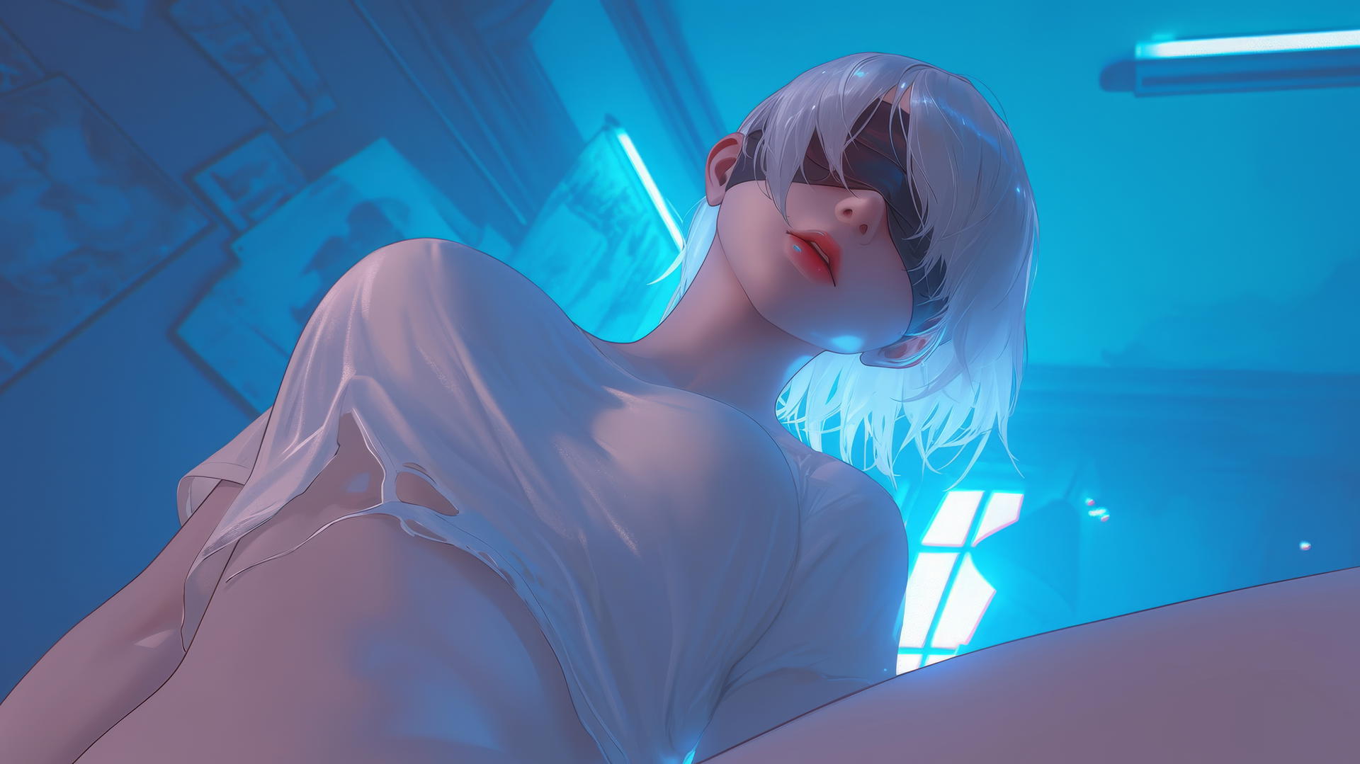 2B from Nier kneeling and looking down, wearing a broken white t-shirt and blindfold, with neon-lit hotel ceiling background.