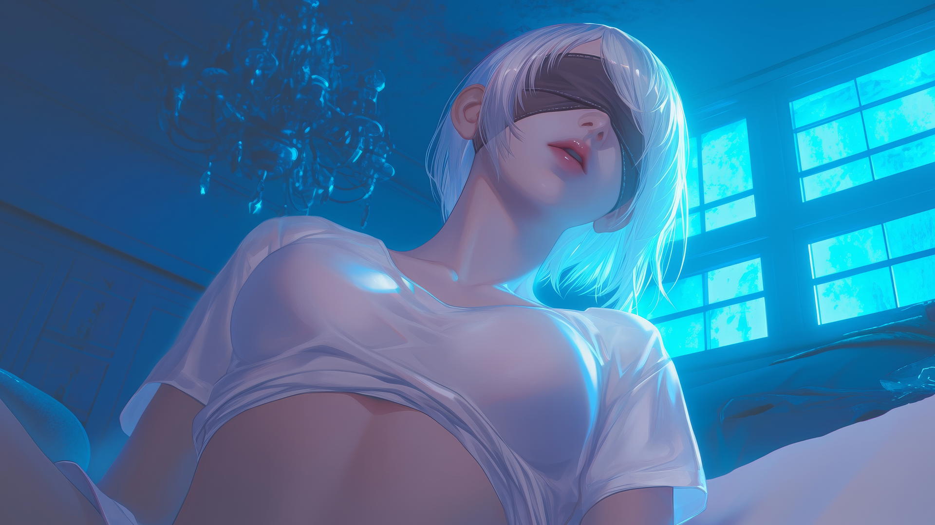 2B from Nier in a broken white t-shirt and blindfold, howling, with hotel ceiling and neon lights.