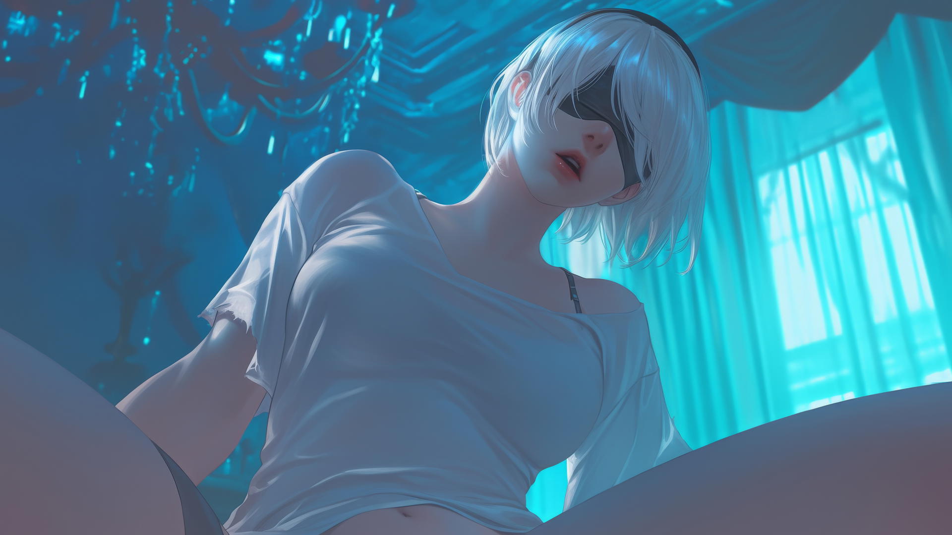 2B from Nier wearing broken white t-shirt and blindfold howling, seen from below with neon-lit hotel ceiling background.