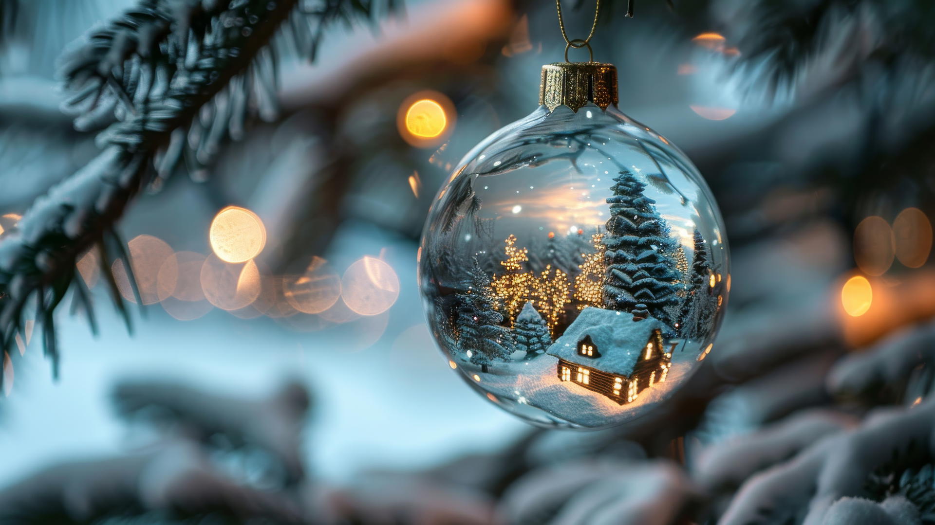 Glass Christmas balls with snow-covered villages on a tree