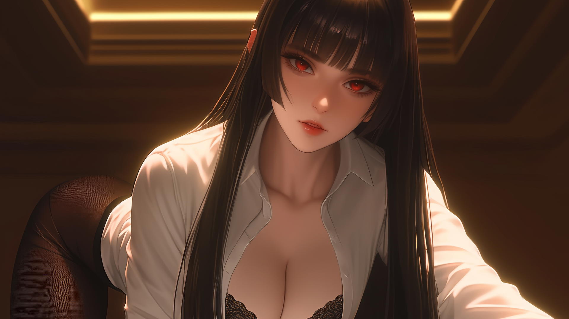 Yumeko Jabami kneeling, looking down with warm light glow and ceiling background
