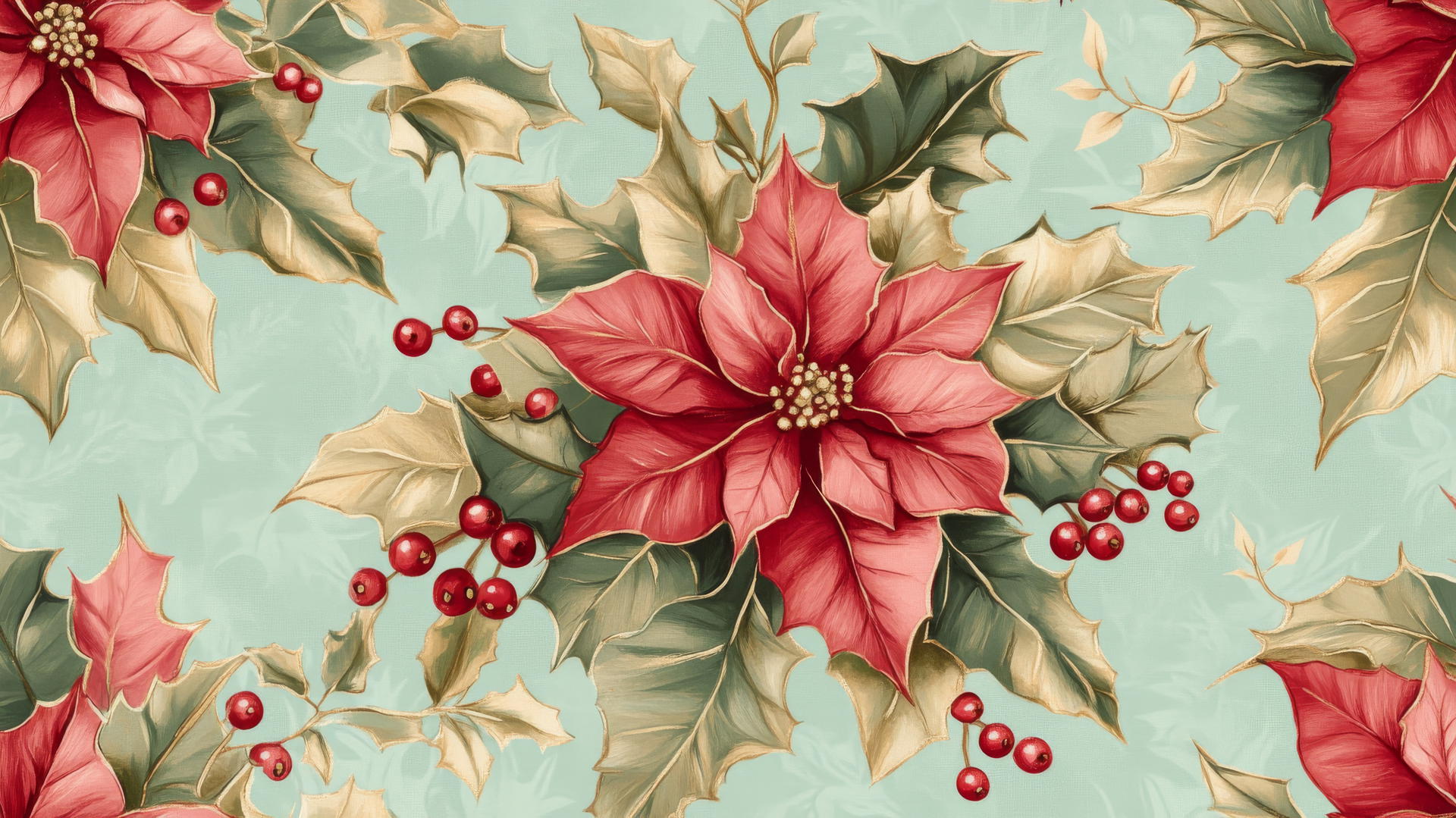 Elegant preppy Christmas wallpaper with poinsettias, holly leaves, and mistletoe.
