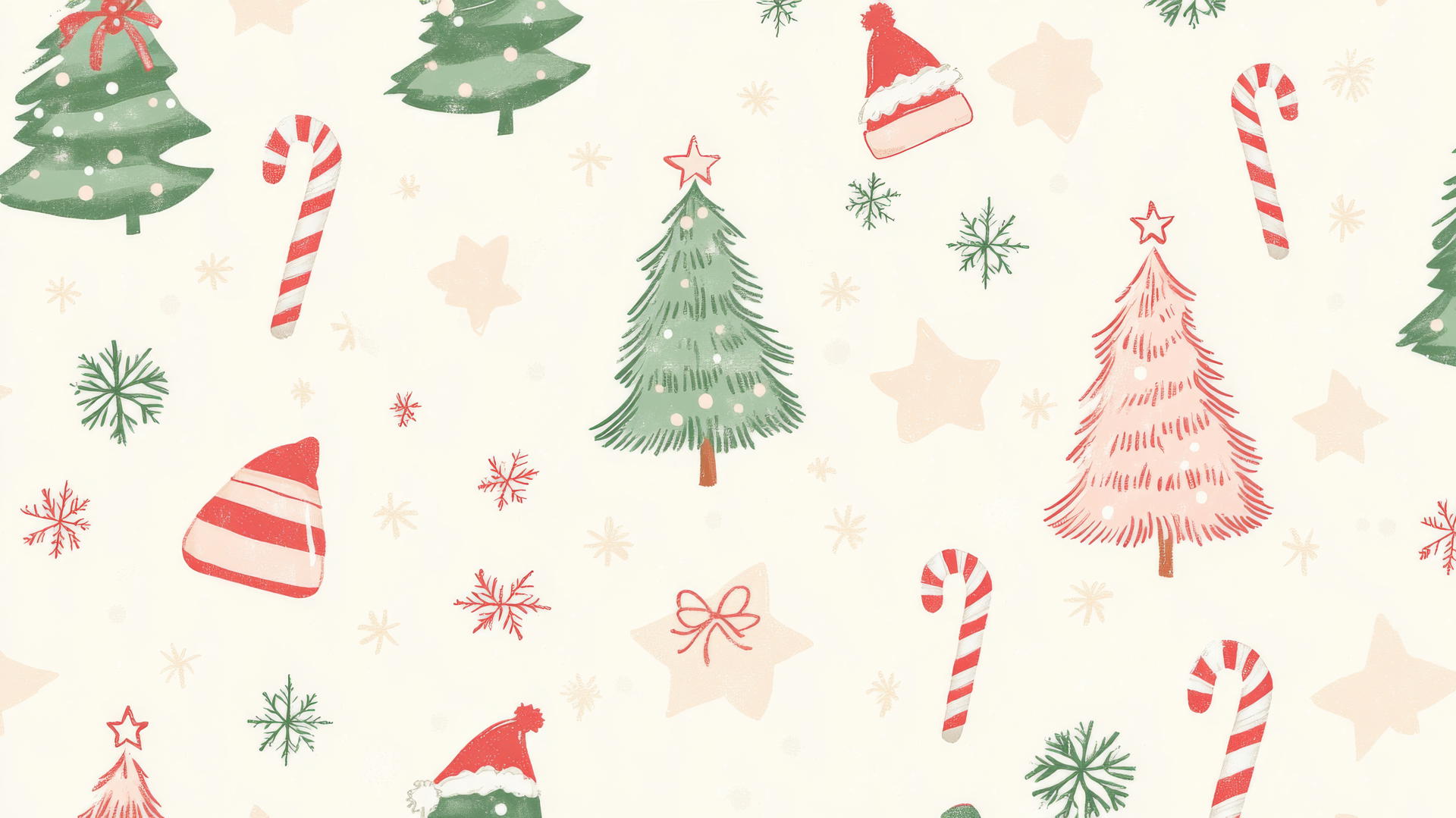 Preppy Christmas wallpaper with pastel trees, candy canes, snowflakes, and Santa hats