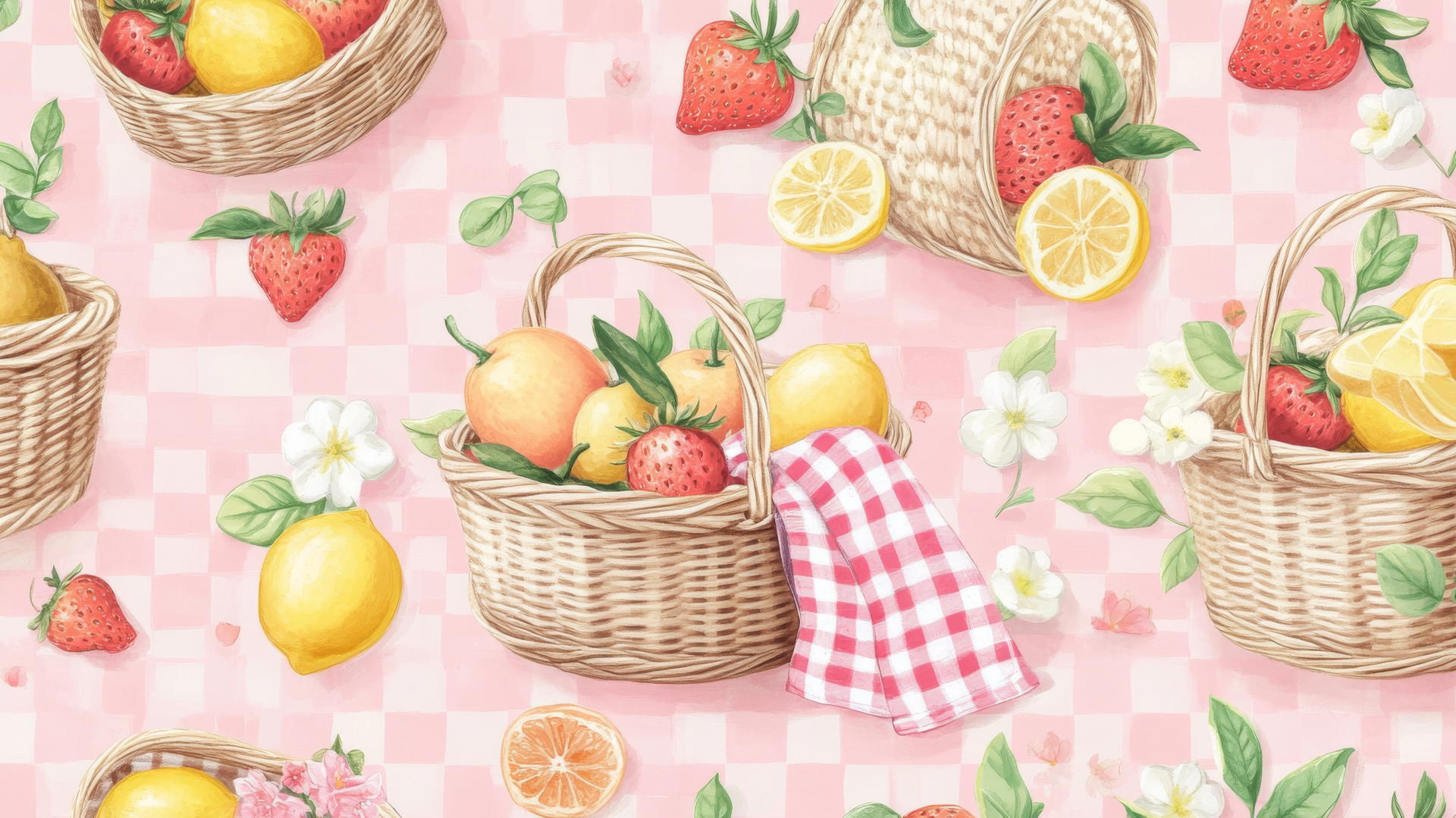 preppy spring wallpaper with picnic baskets, gingham blankets, strawberries, and lemons on a pastel pink background
