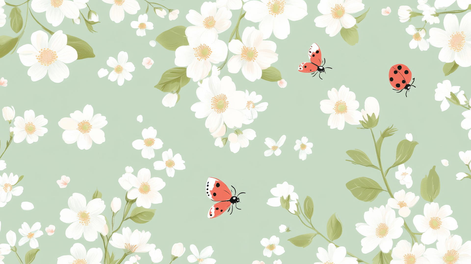preppy spring wallpaper with blooming cherry blossoms, daisies, ladybugs, and butterflies on pastel mint green