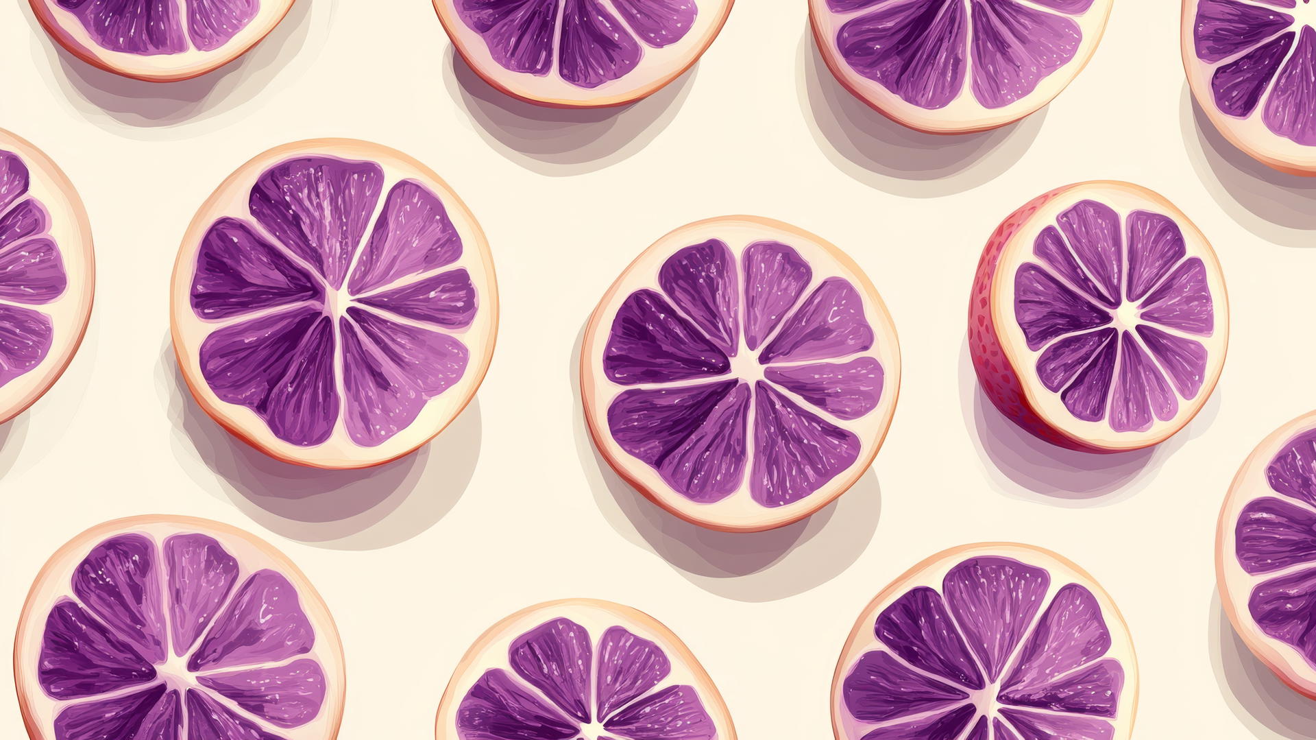 purple preppy wallpaper of sliced purple grapefruits in an isometric layout on a soft cream background