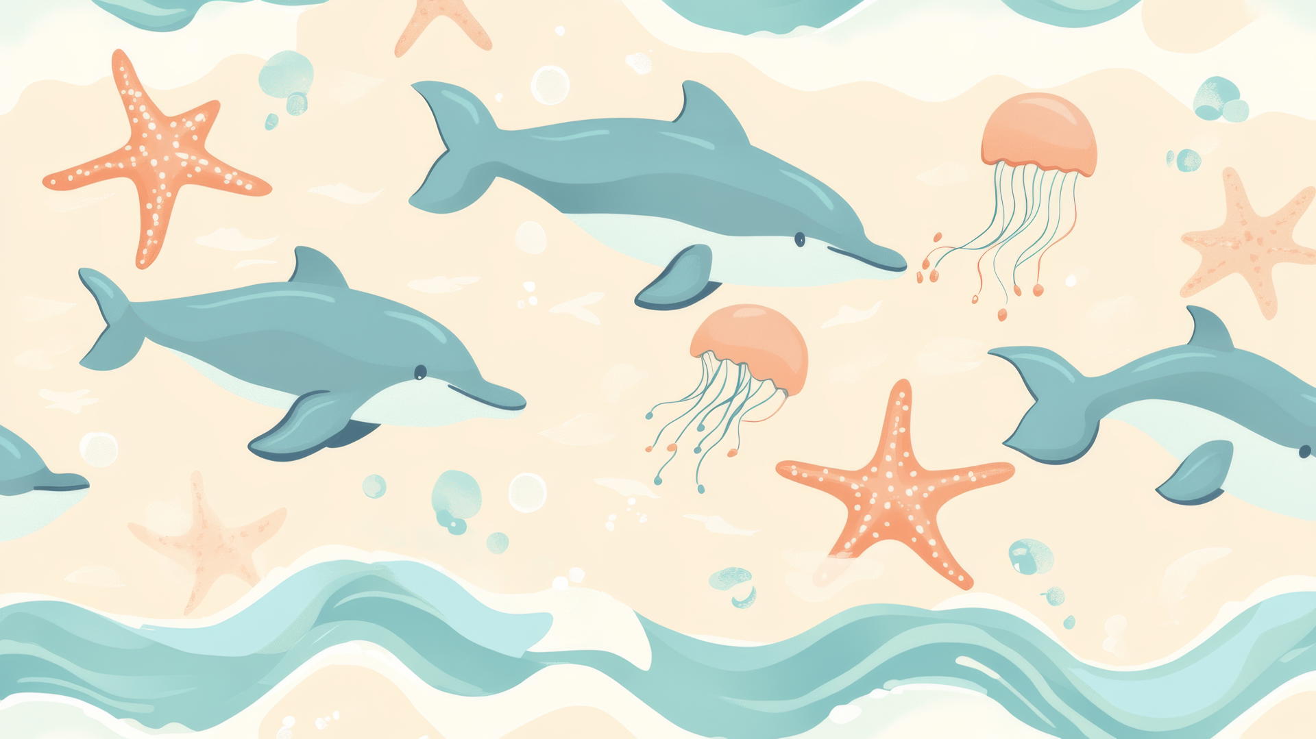 preppy beach wallpaper with cartoon-style sea creatures playing in waves