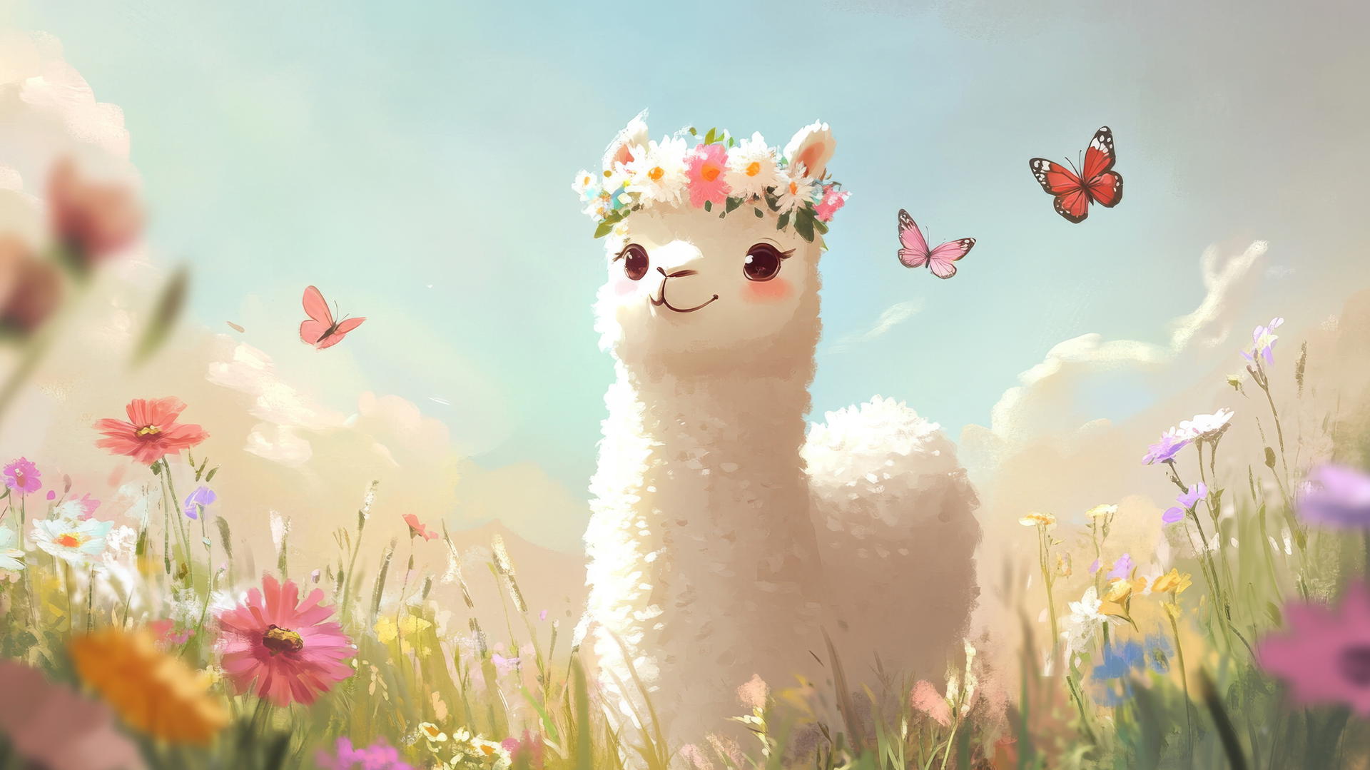 Popular cute wallpapers for girls: cartoon alpaca with flower crown, wildflowers, butterflies