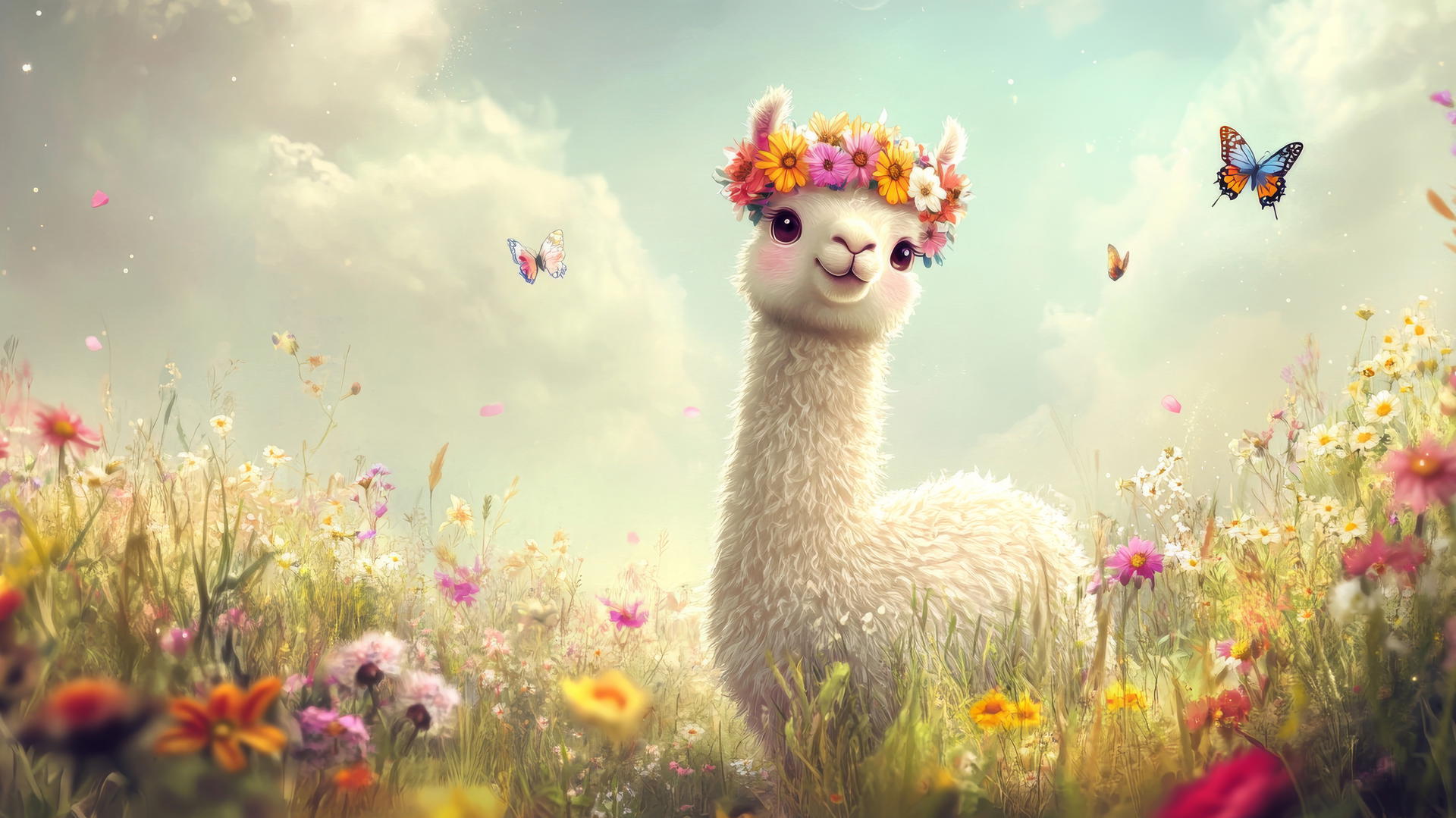 popular cute wallpapers for girls featuring a cartoon alpaca with a flower crown in a field
