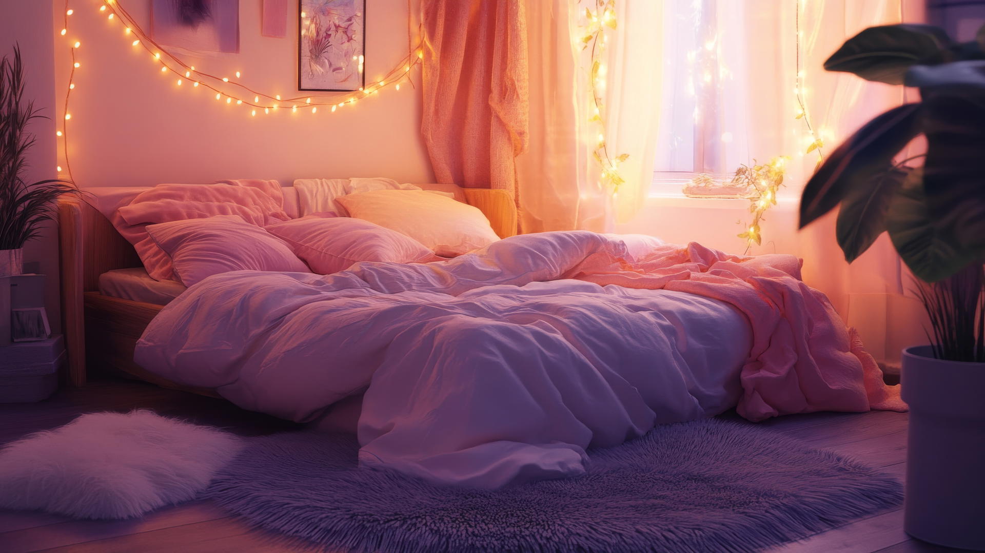 cute wallpapers aesthetic featuring a cozy bedroom scene with pastel bed, fairy lights, fluffy pillows, and soft rug.