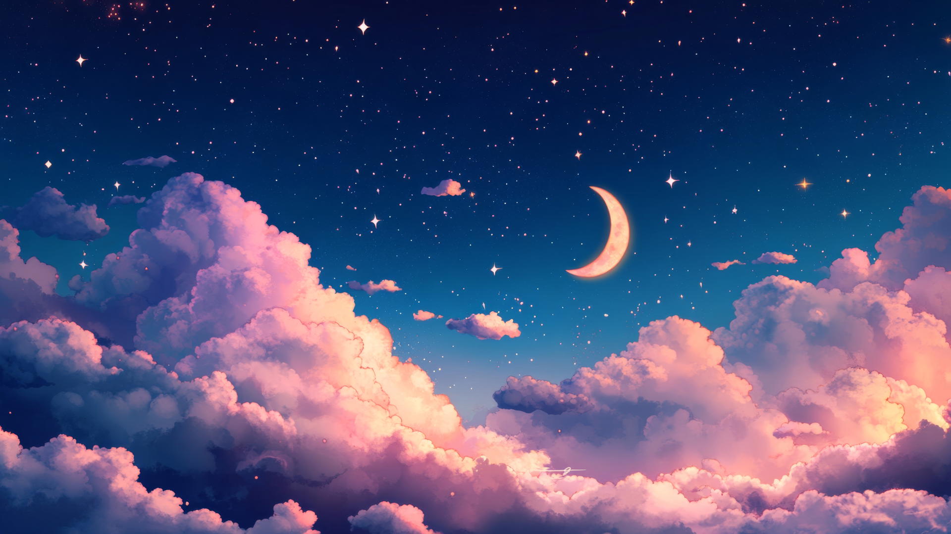 cute wallpapers of a night sky with twinkling stars, crescent moon, and sleeping clouds
