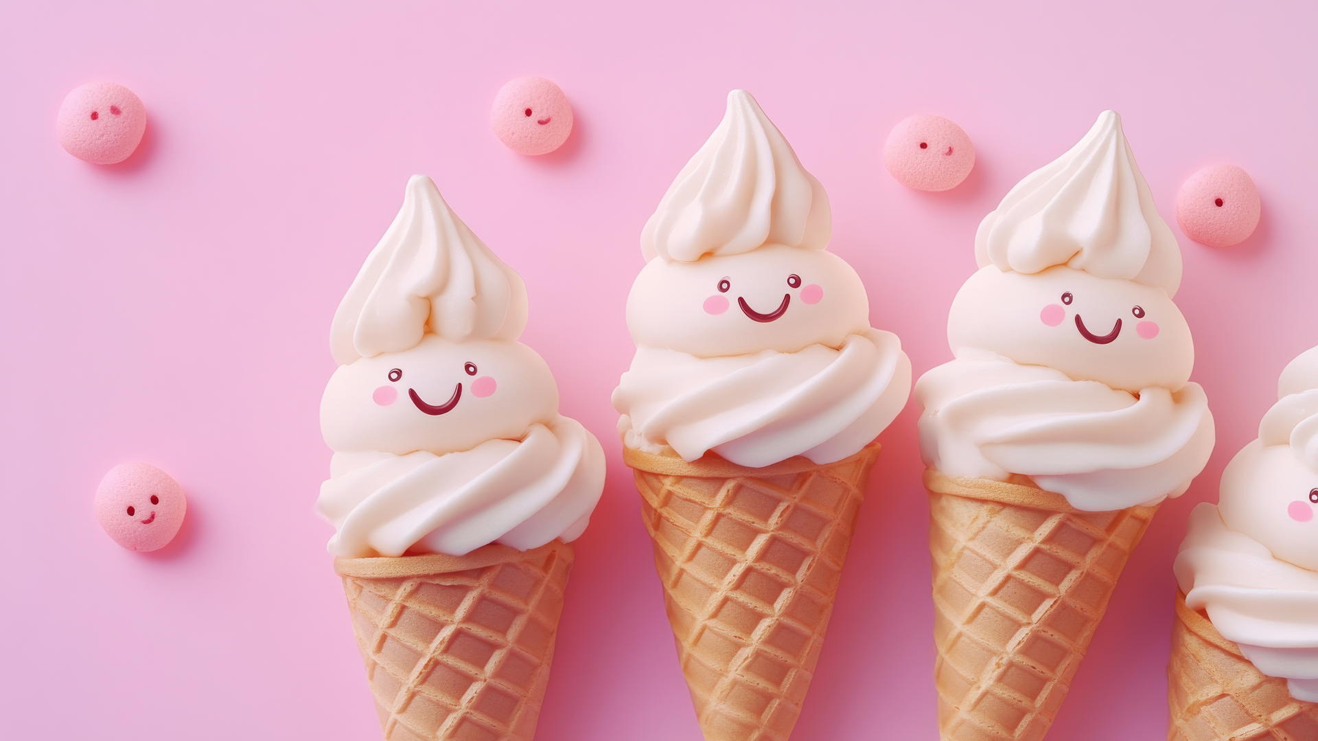 pink wallpaper cute, smiling ice cream cones, fun and summery vibe