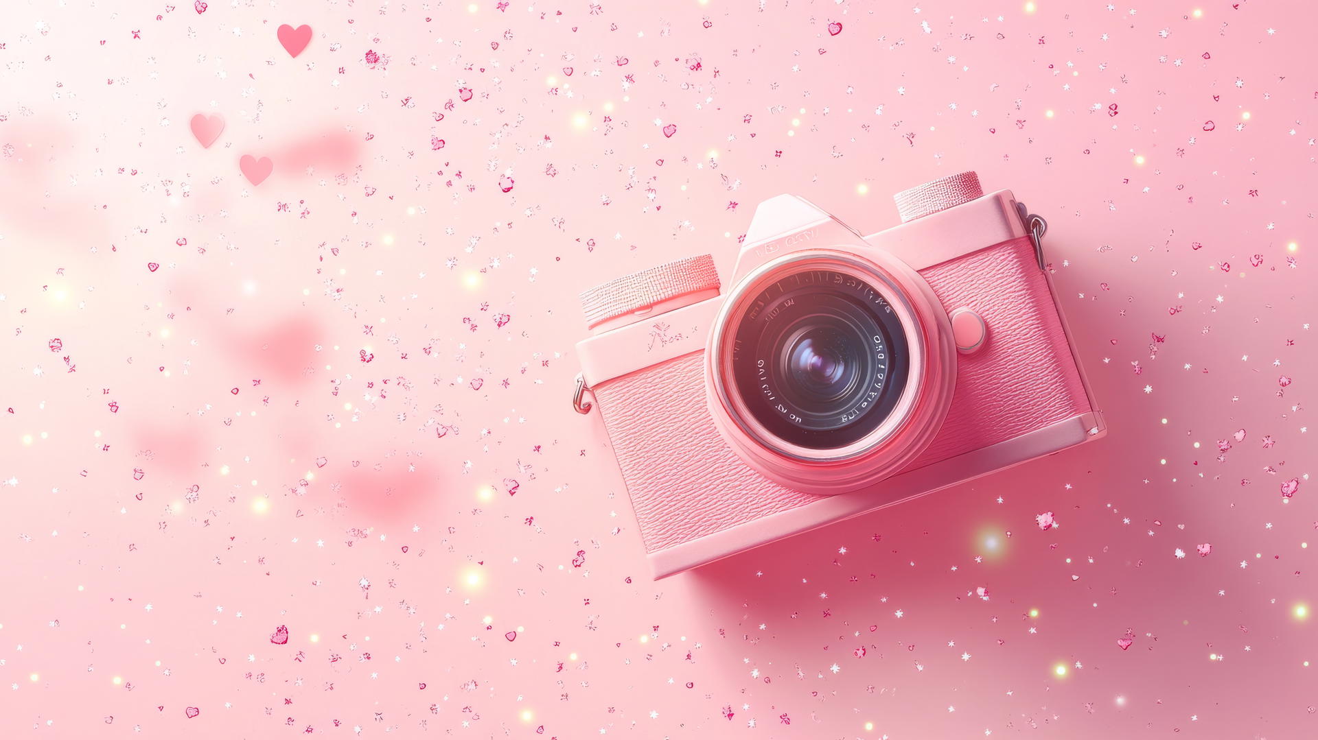 cute pink aesthetic wallpaper with vintage camera, hearts, and sparkles