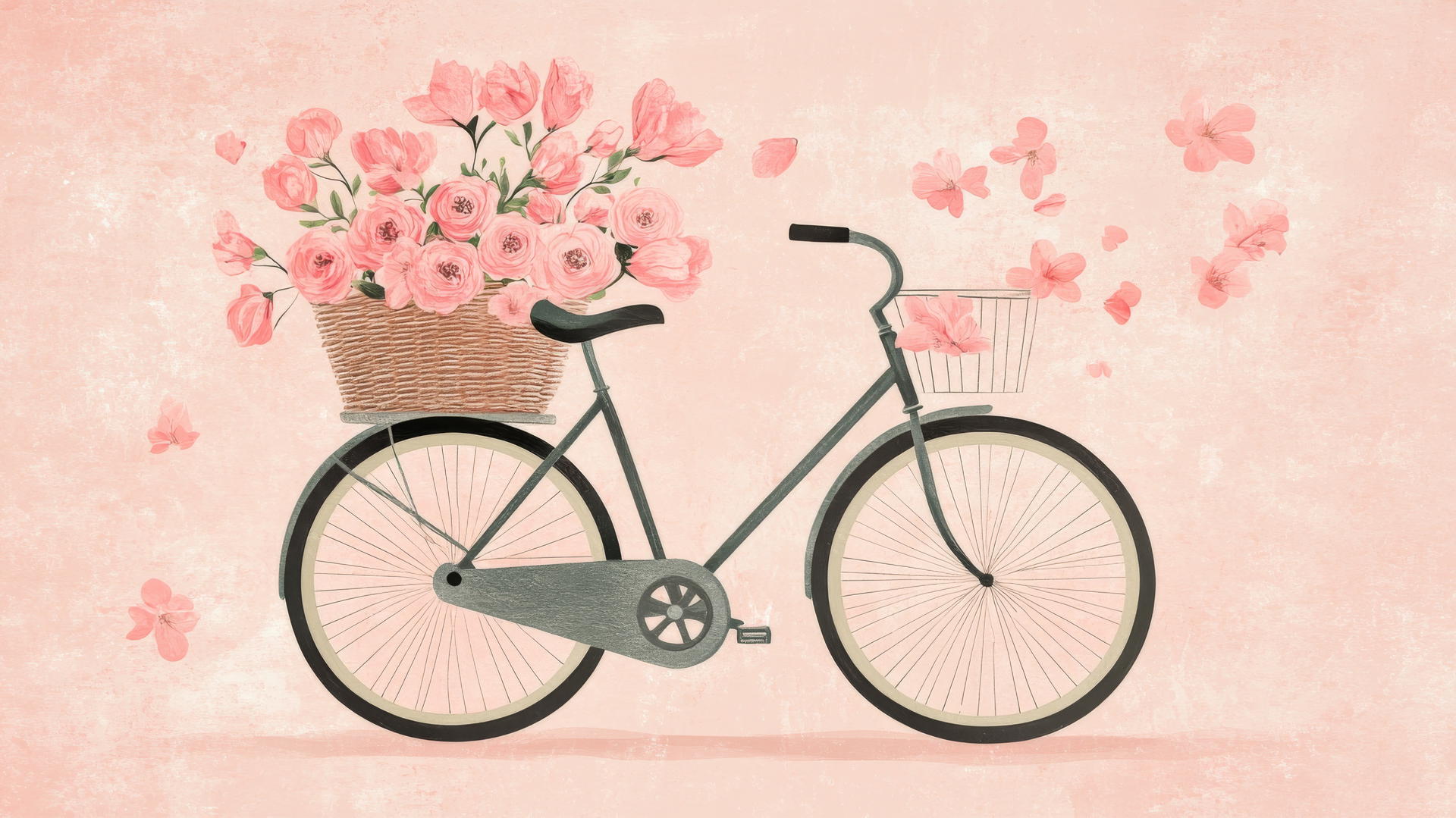 Vintage bicycle with pink flowers on light pink wallpaper aesthetic