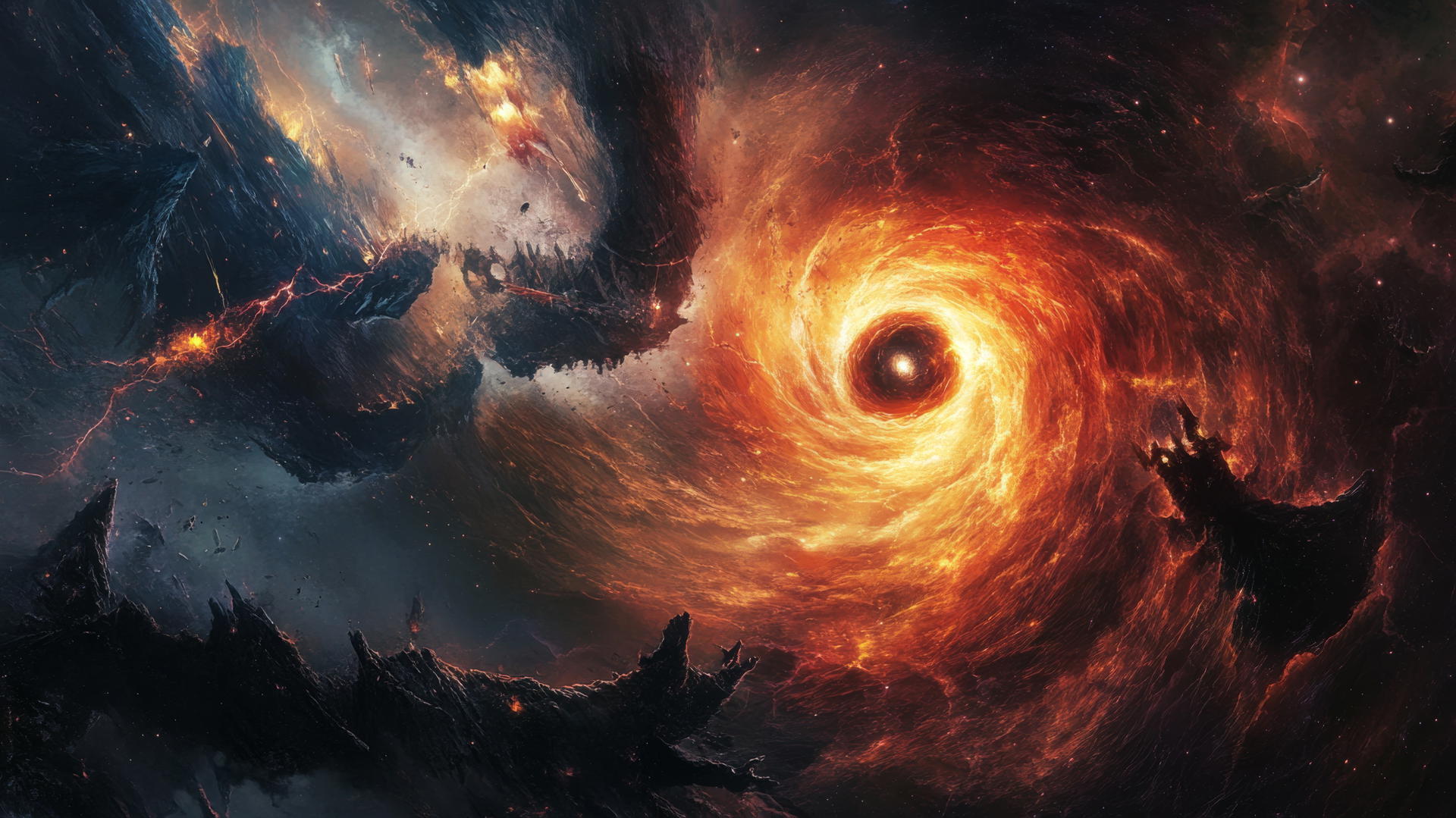 mythological black hole wallpaper with gods battling near the event horizon