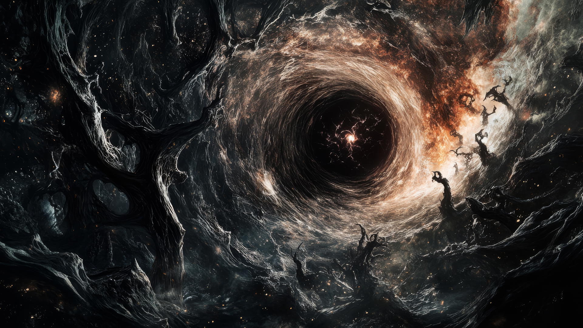 black hole wallpaper with eldritch symbols and ancient creatures
