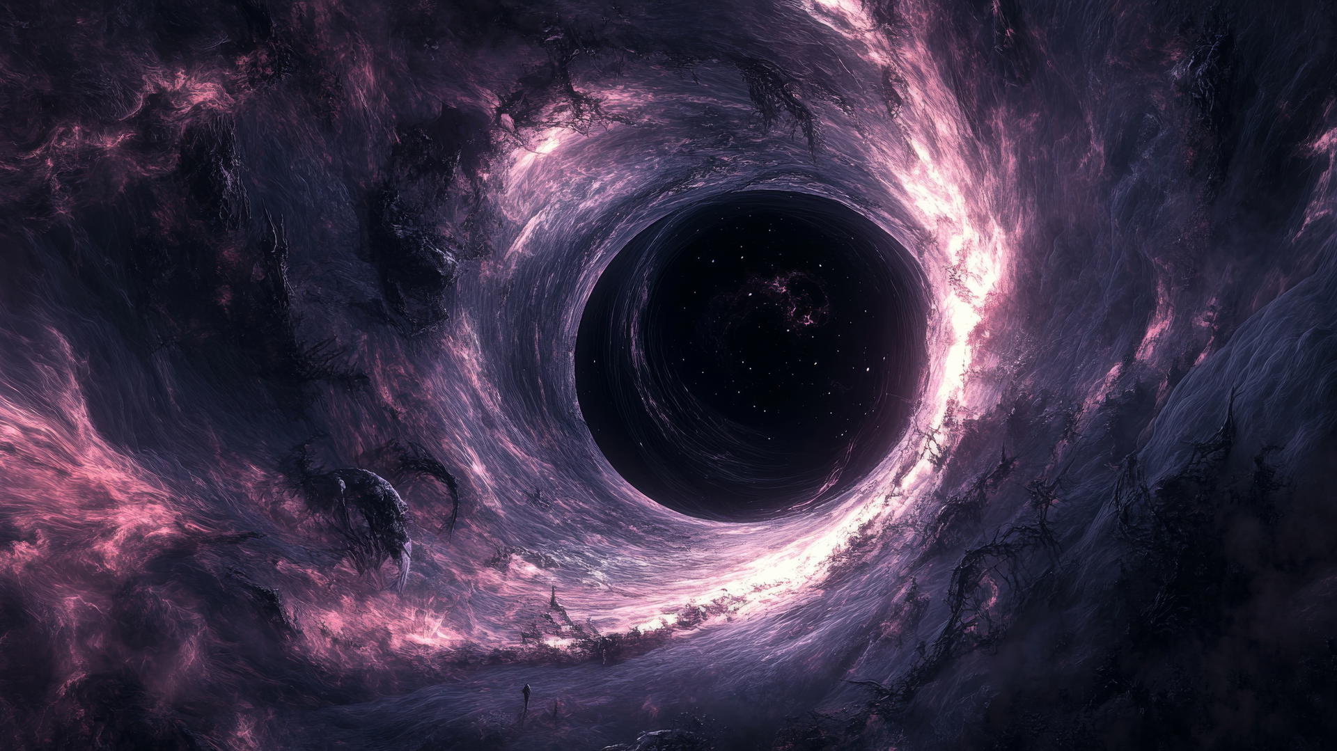 Black hole wallpaper with eldritch symbols and ancient creatures