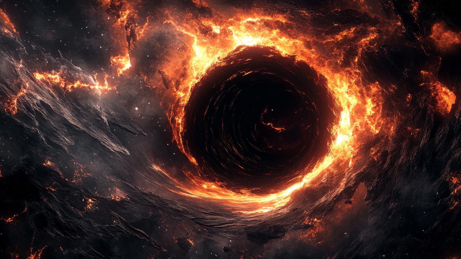 Black hole wallpaper with swirling vortex of fire and molten lava