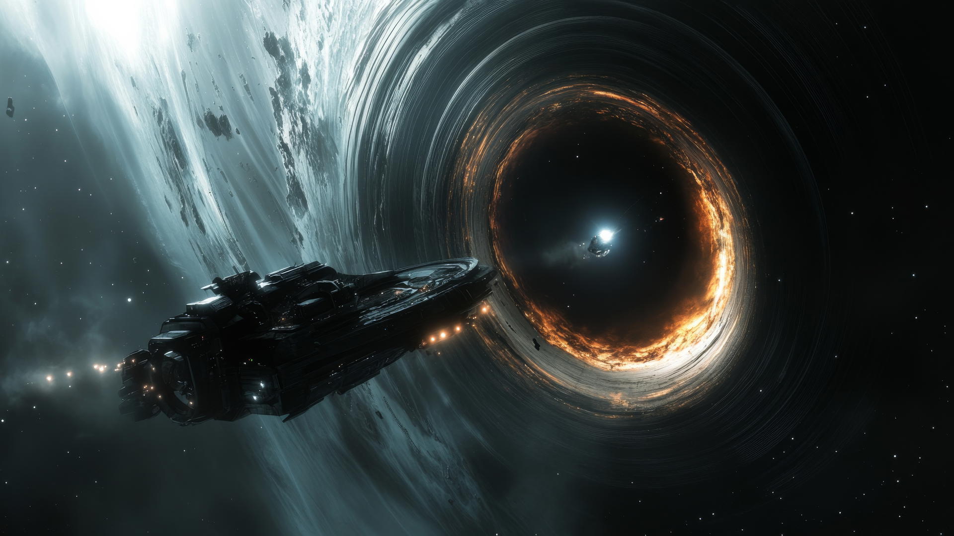 Sci-fi black hole wallpaper with a spaceship preparing for a journey