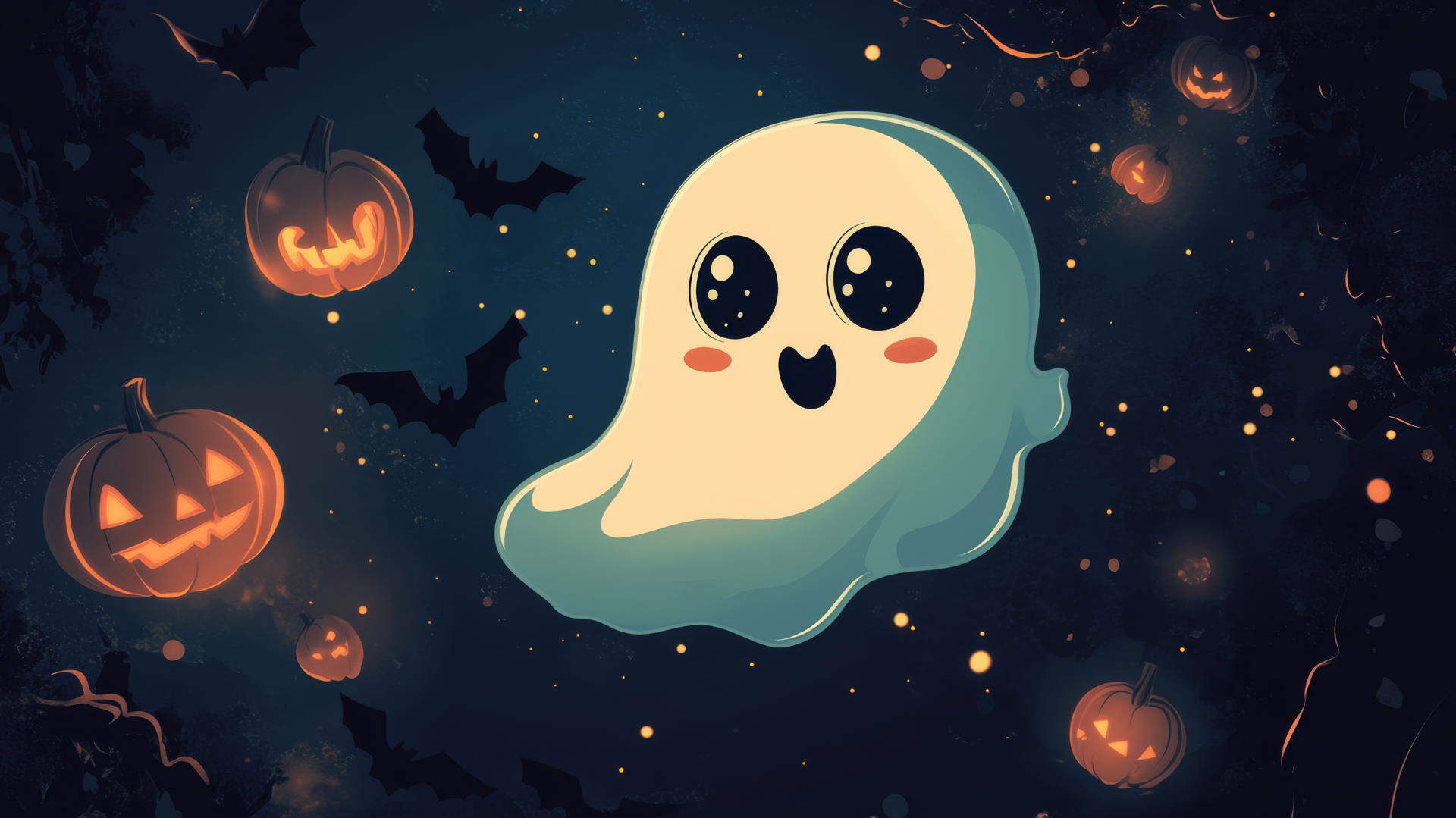black cute wallpaper with a playful cartoon ghost, glowing pumpkins, and bats