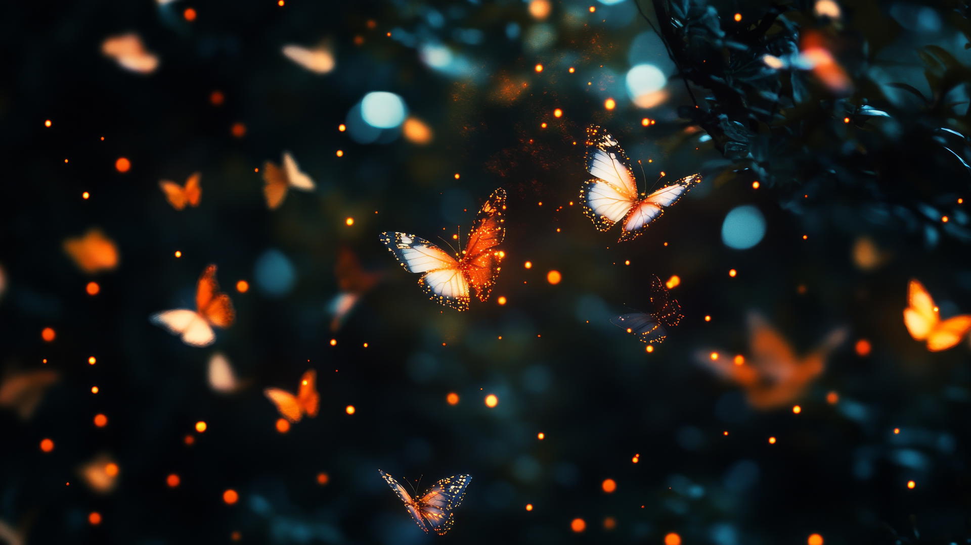 cute black wallpaper with tiny glowing butterflies in a dark forest