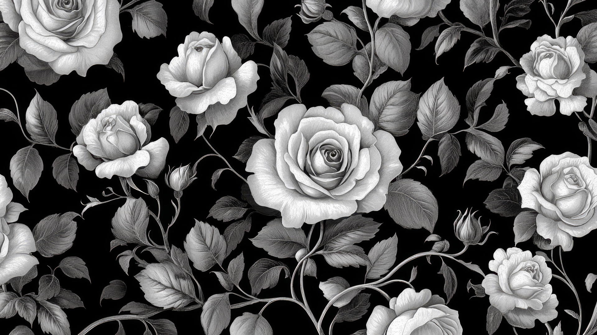 Black and white floral wallpaper with intricate roses and vines